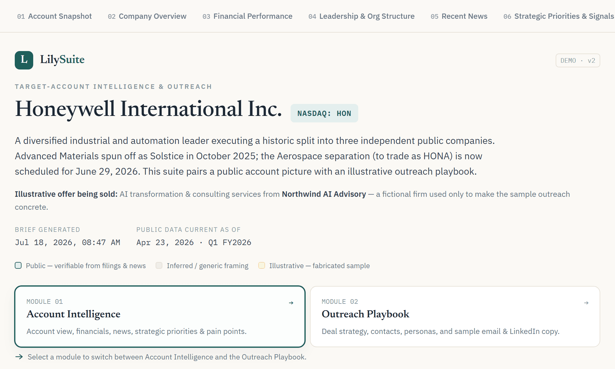 Sample account-intelligence report header for a public company, with modules for account intelligence and an outreach playbook